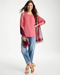 Crinkle Mesh Ruffle Neck Top