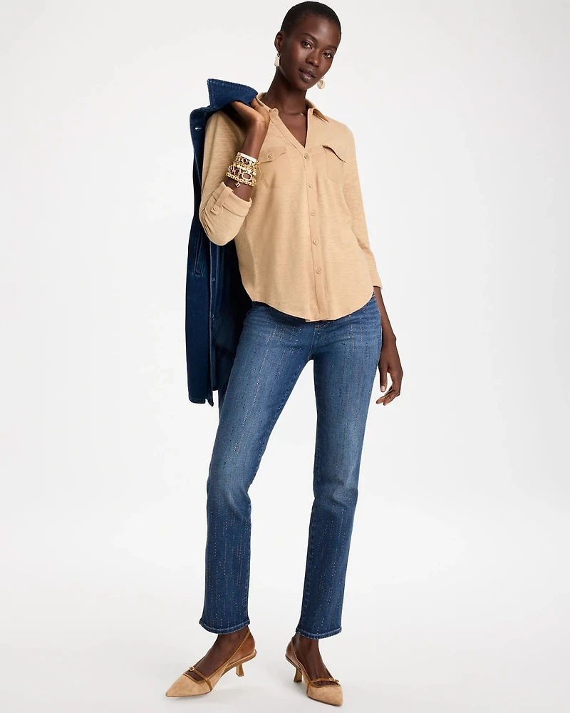 Button-Front Collared Henley Top
