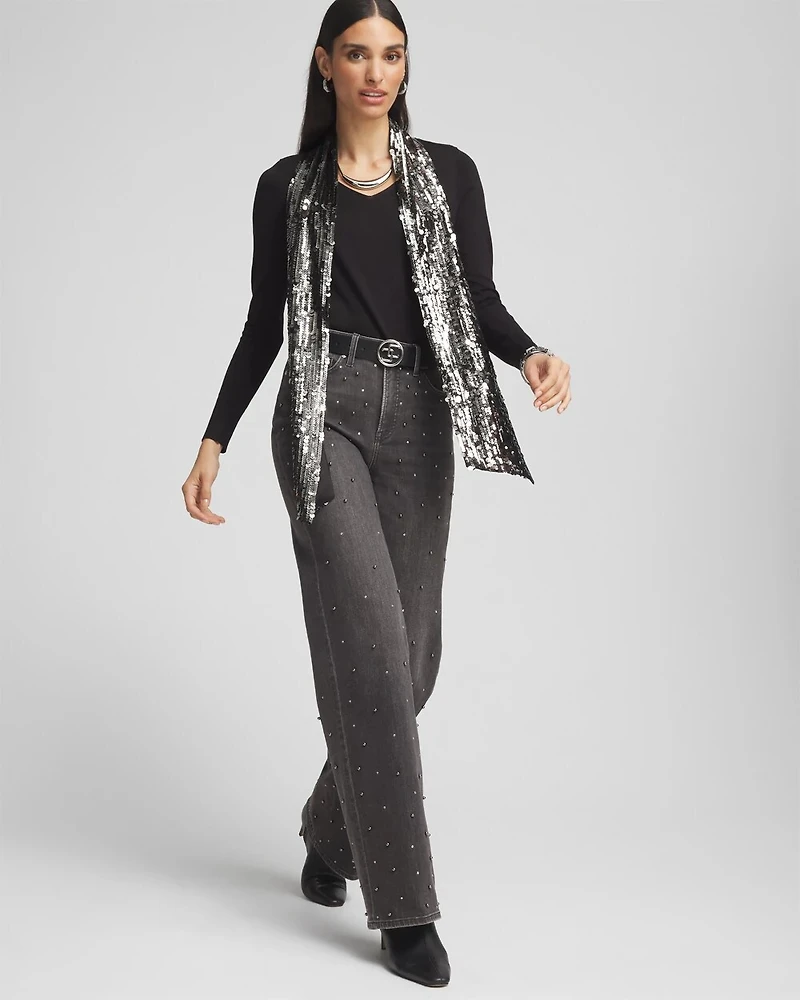 Caviar Trim V-Neck Pullover Sweater