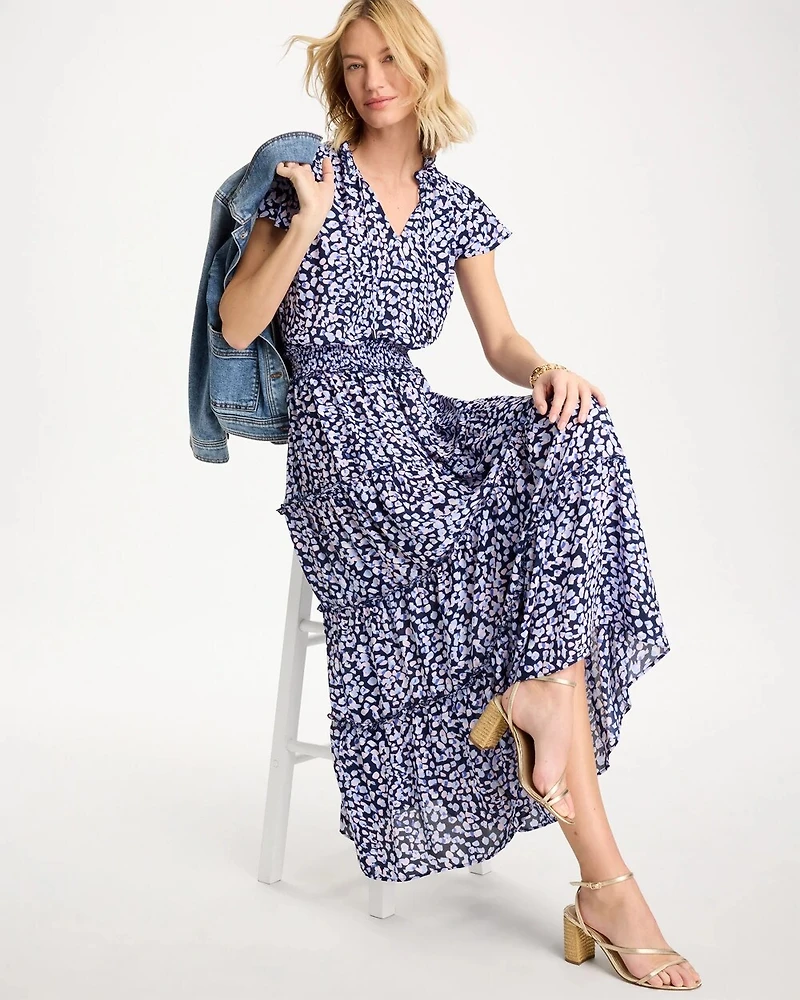 Crepe Smocked Flutter-Sleeve Dress