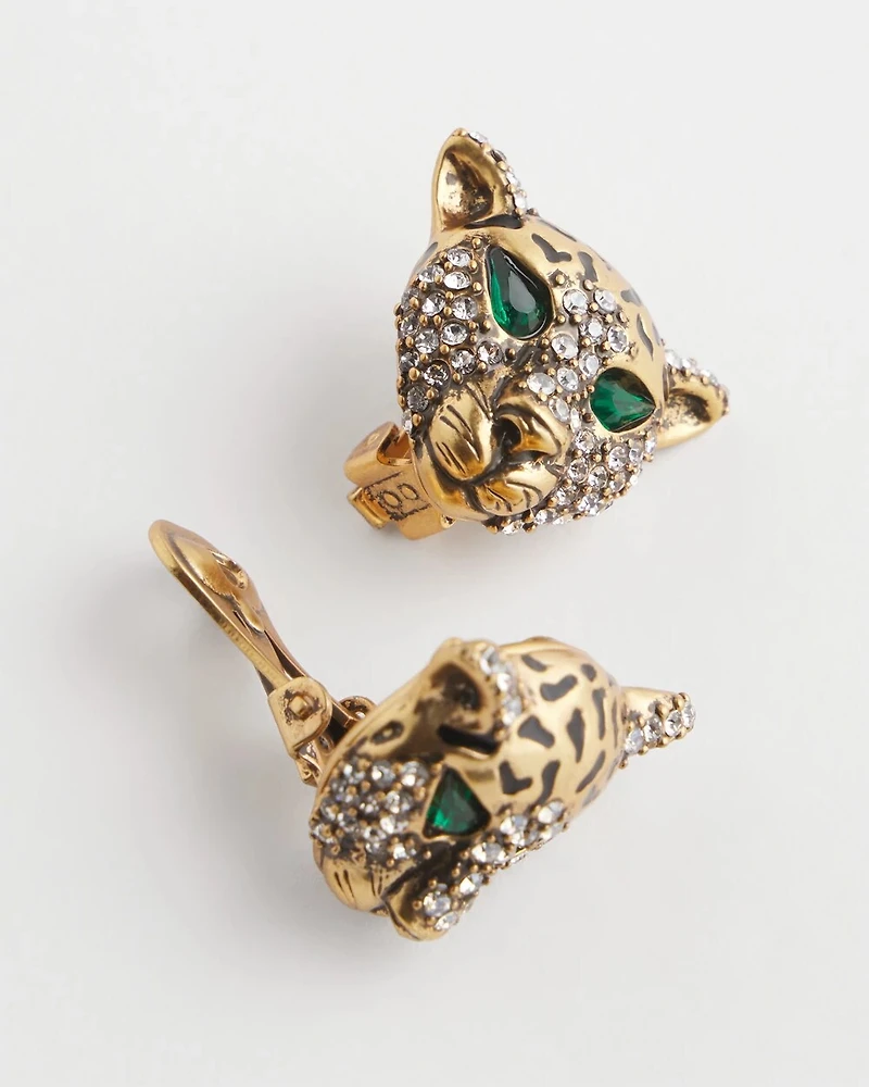 Green Eyed Leopard Clip-On Earrings
