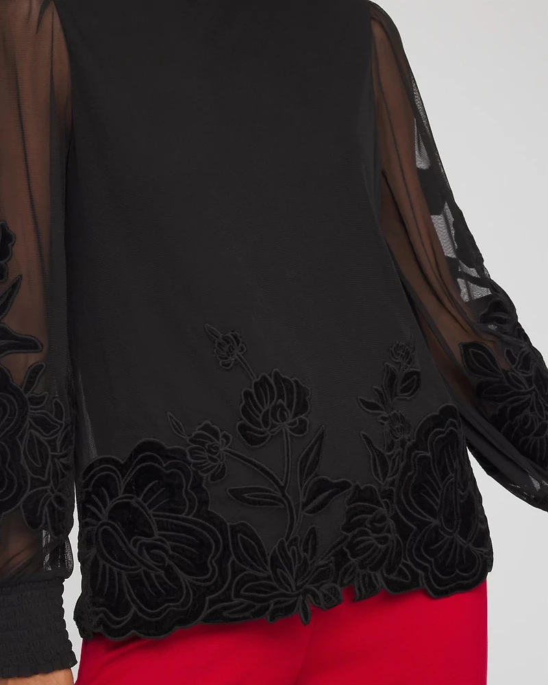 Sheer Mesh Velvet Appliqué Top