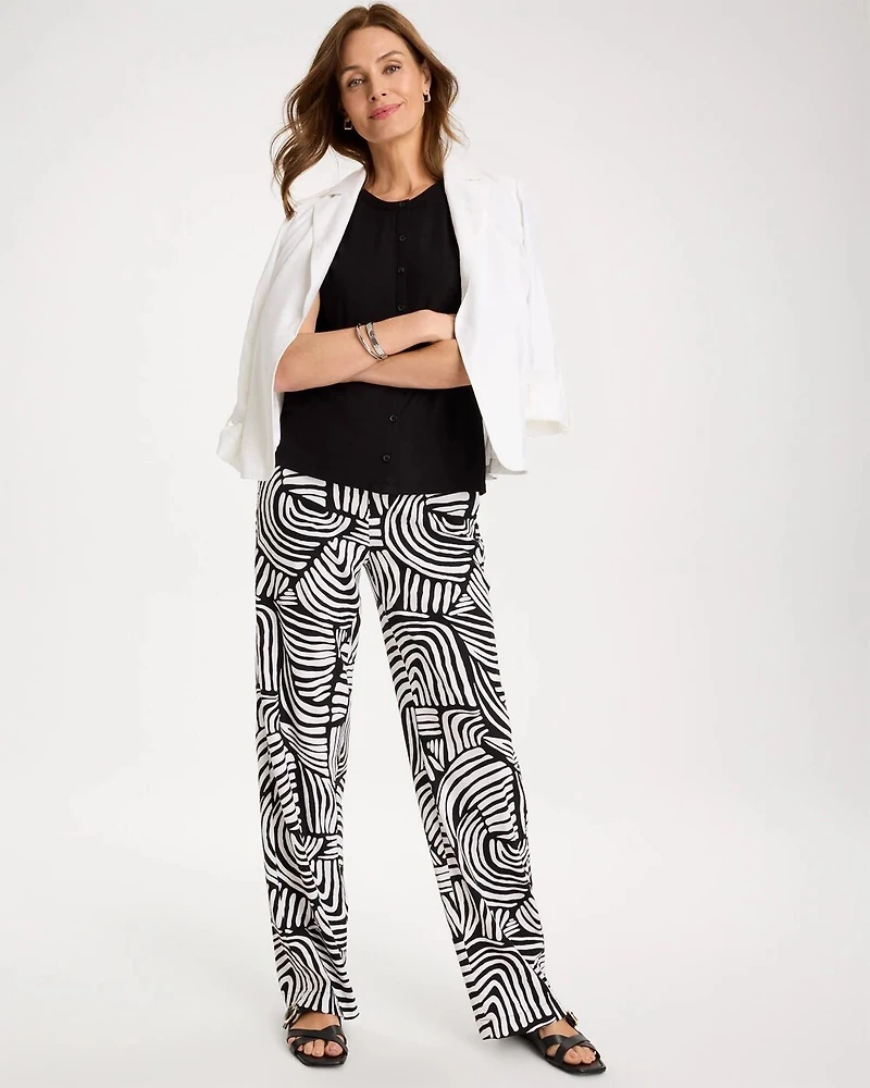 Petite Geo Pull-On Wide-Leg Linen Pants