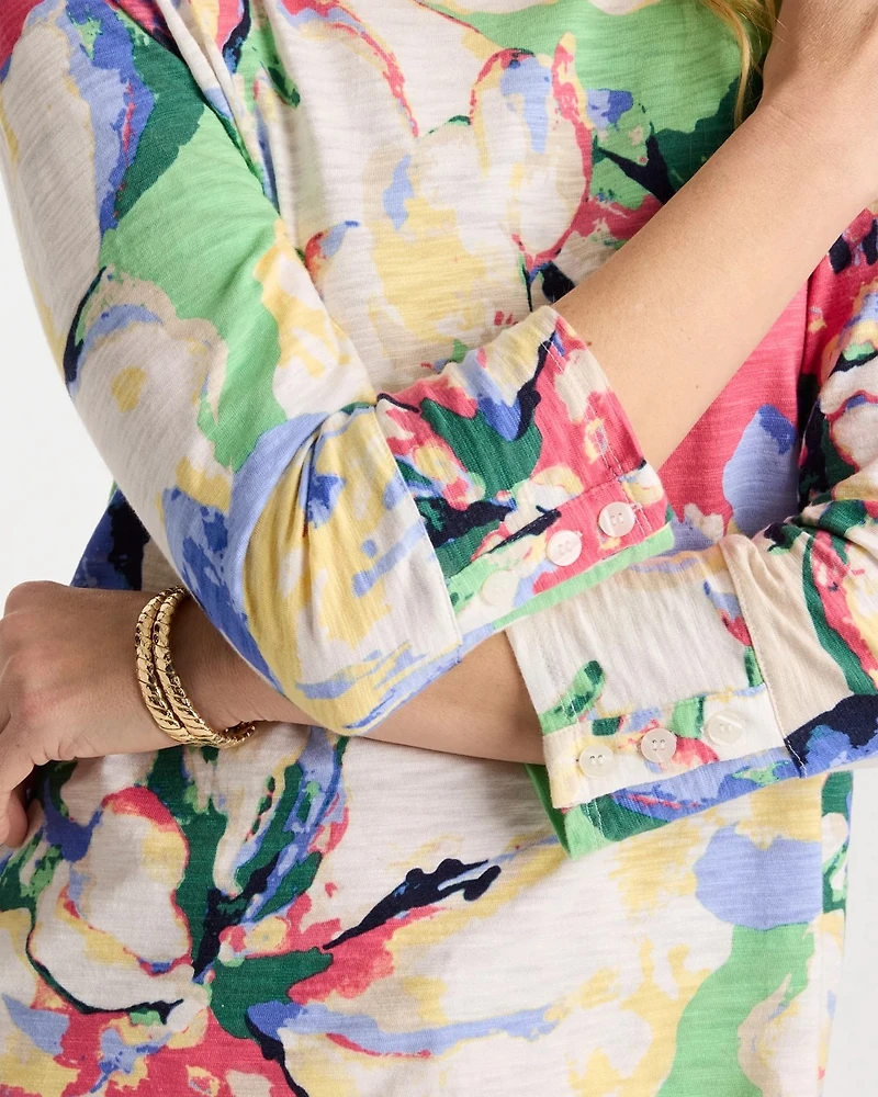 Printed Cotton Slub 3/4 Sleeve Button Tee