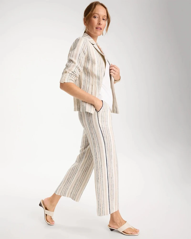 Striped Piped Linen Fly Front Pants