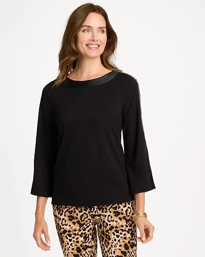 Ponte Knit Faux Leather-Trim Top