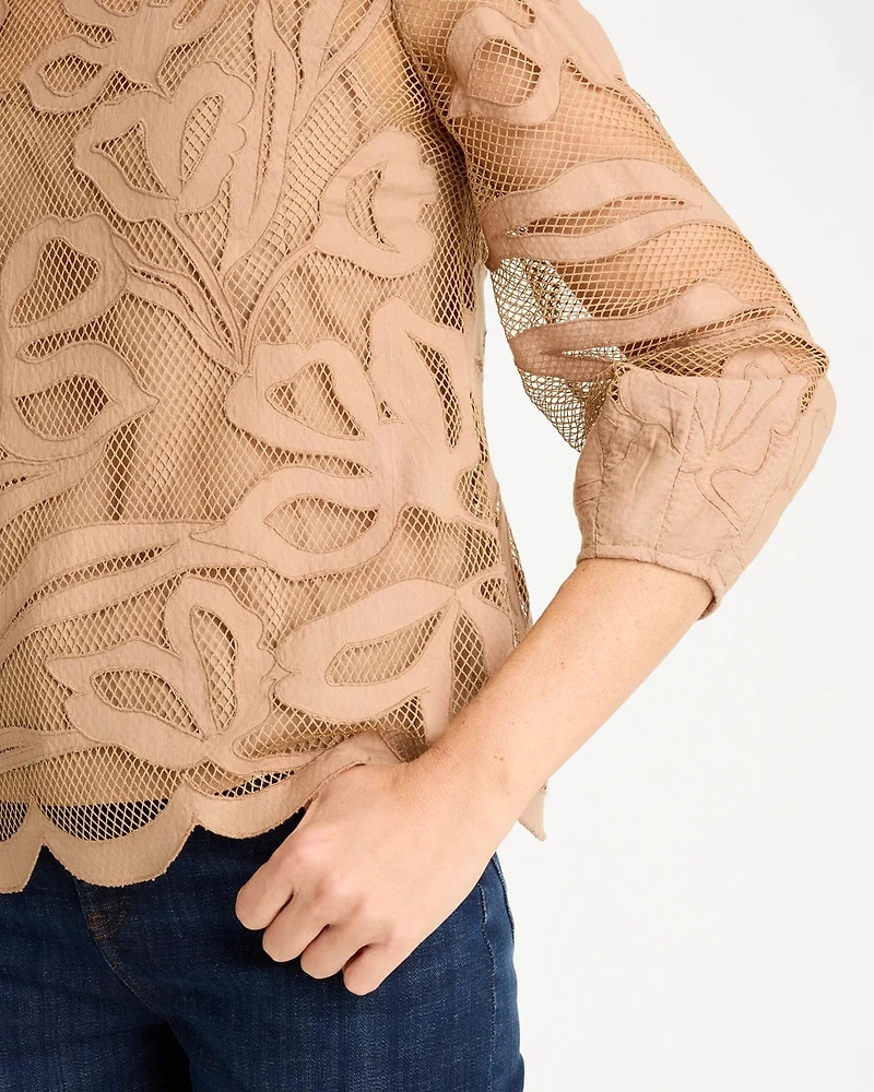 Floral-Motif Mesh 3/4 Sleeve Top