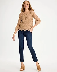 Floral-Motif Mesh 3/4 Sleeve Top