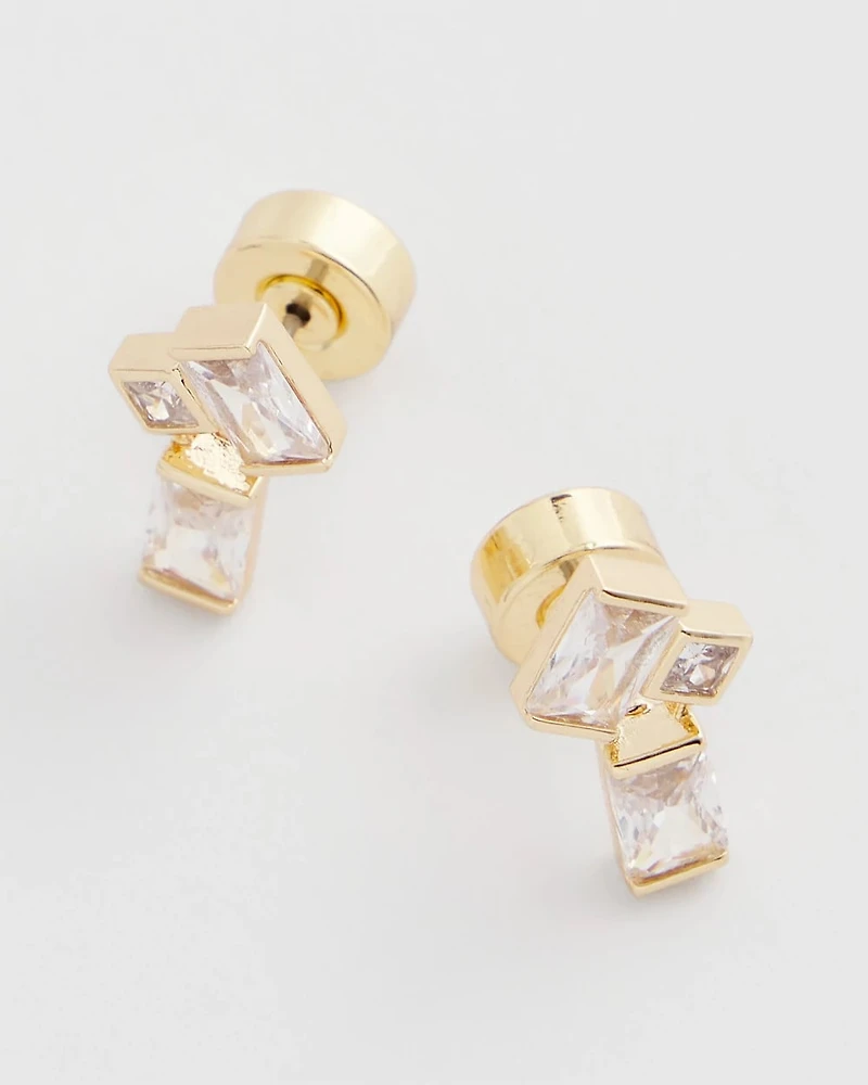 Emerald Cut Goldtone Cluster Stud Earrings