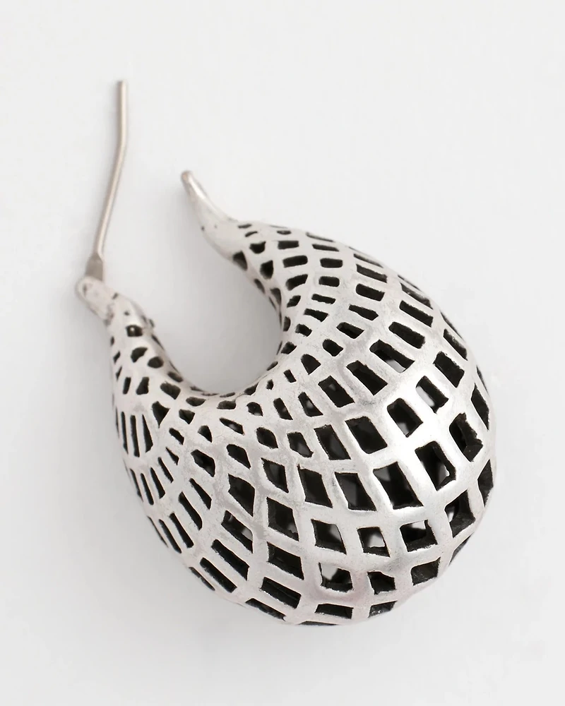 Silver Lattice Puff Hoop Earrings