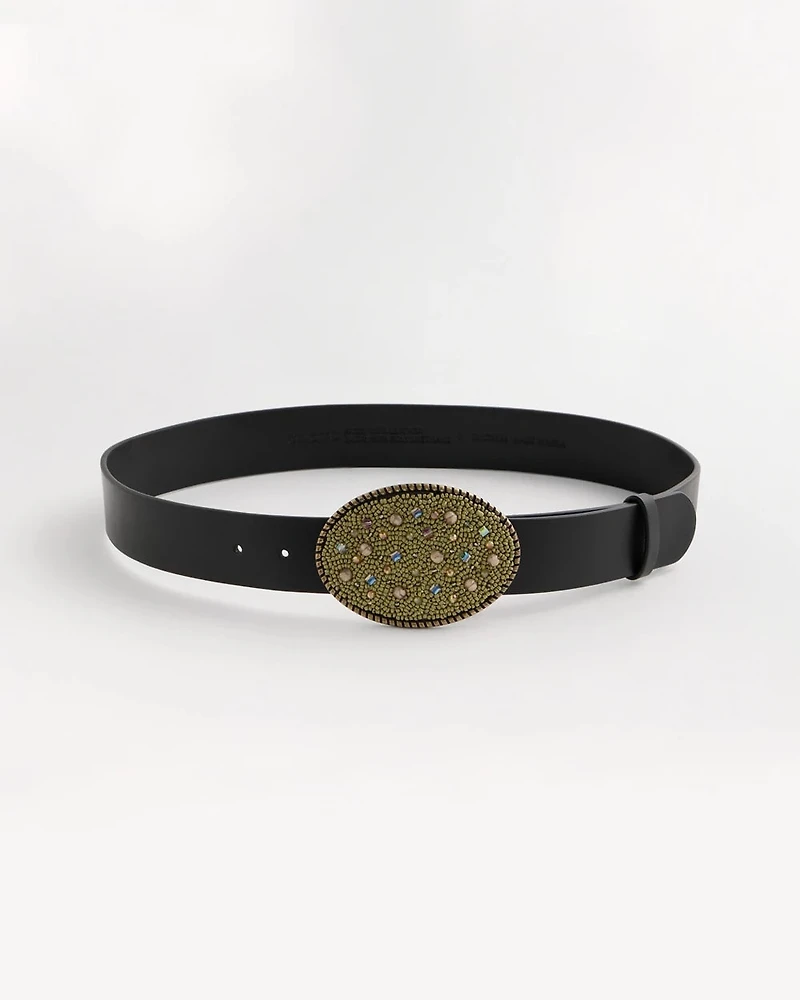 Leather Beaded Oval Buckle Trouser Belt