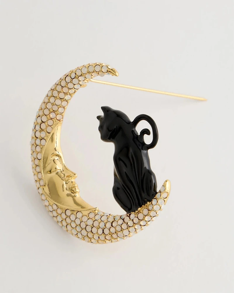 Black Cat Faux Diamond Moon Brooch