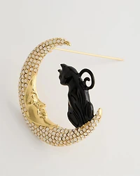 Black Cat Faux Diamond Moon Brooch