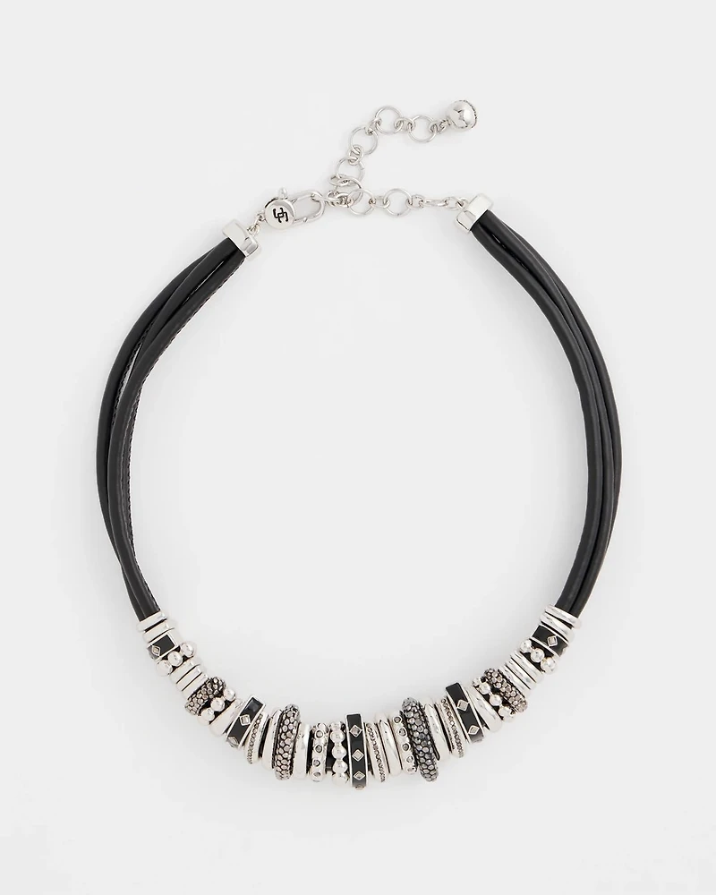 Black & Silvertone Charm Bib Necklace
