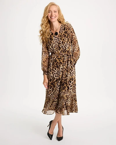 Chiffon Tie-Neck Animal Print Dress