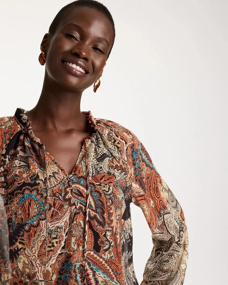 Printed Georgette Ruffled Tie-Neck Blouse
