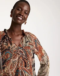 Printed Georgette Ruffled Tie-Neck Blouse