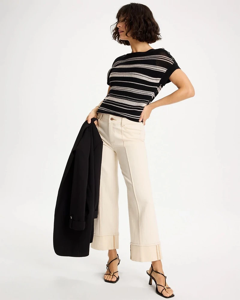 Striped Mesh Stitch Pullover Sweater