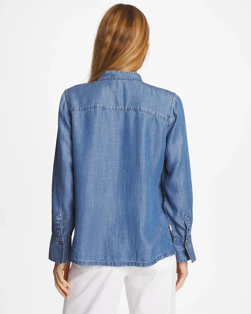 Denim Ruffle Front Shirt