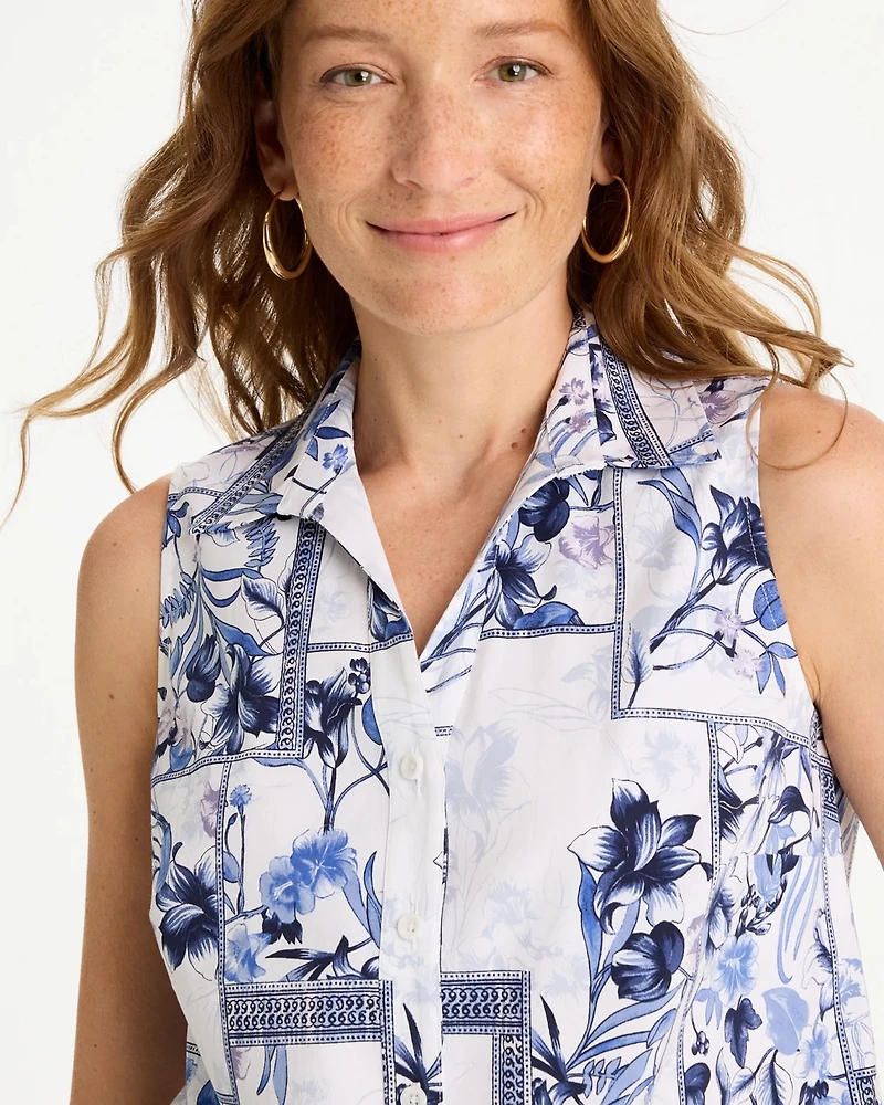 Cotton-Blend Classic Printed Sleeveless Shirt