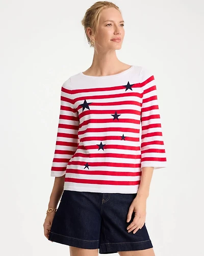 Cotton-Blend Americana Striped Intarsia Sweater