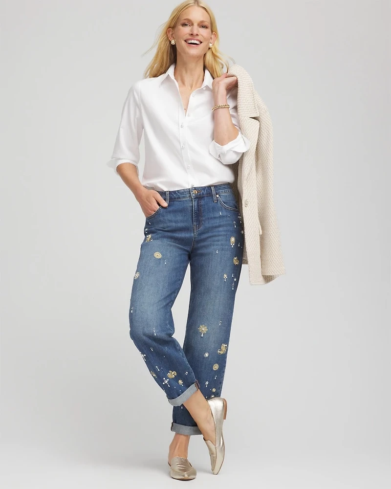Pearl Brooch Boyfriend Relaxed Cropped Jeans