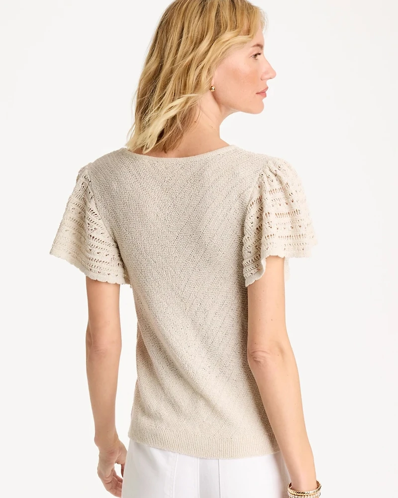 Pointelle Metallic Flutter-Sleeve Pullover
