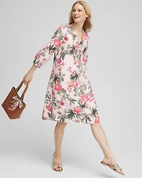 Floral Linen Pintuck 3/4 Sleeved Dress