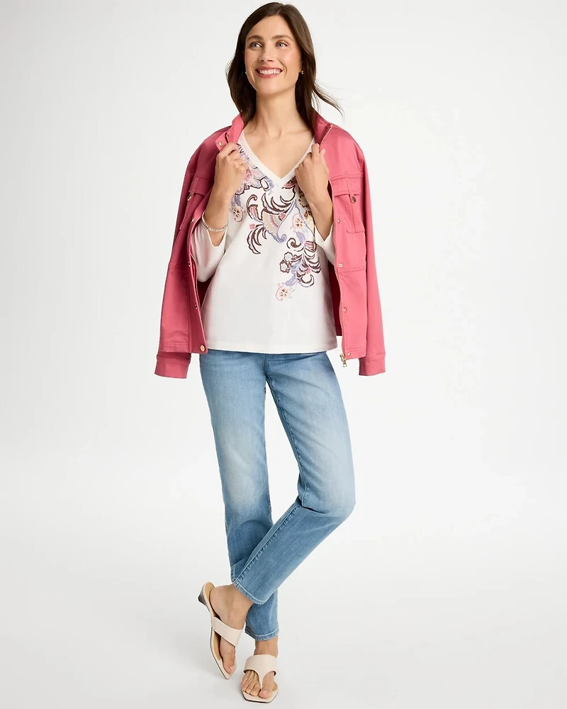 Placed Print Cotton Stretch 3/4 Sleeve Tee