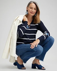 Spun Rayon Stripe V-neck Pullover