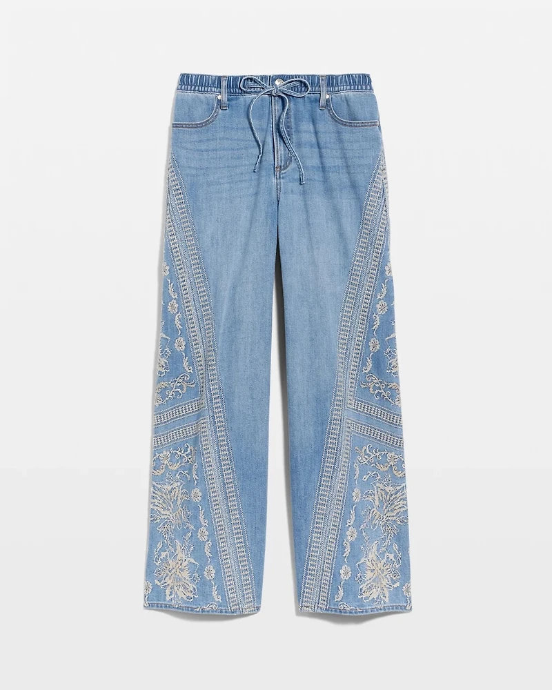 Floral Geo Wide-Leg Drawstring Jeans