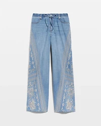 Floral Geo Wide-Leg Drawstring Jeans