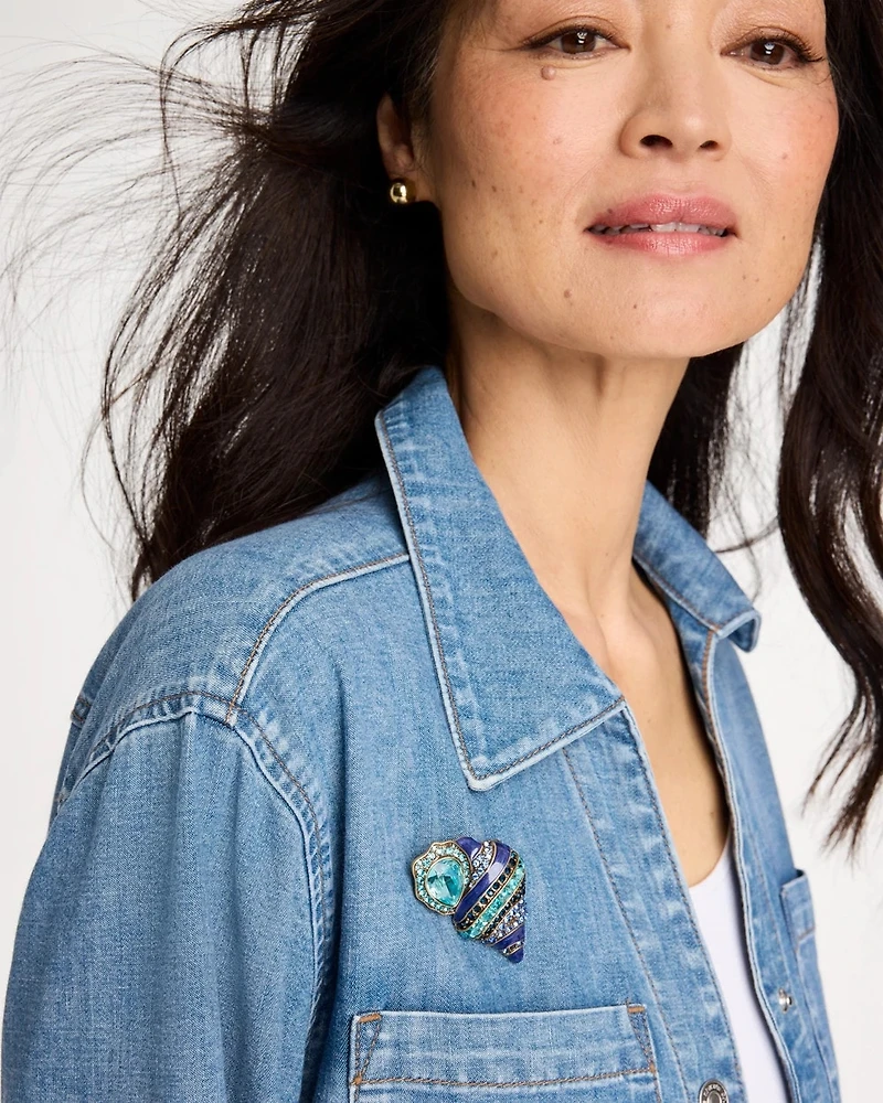 Faux Blue Halo Diamond Conch Shell Brooch