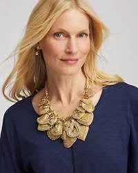 Gold Beaded Heart Charm Bib Necklace