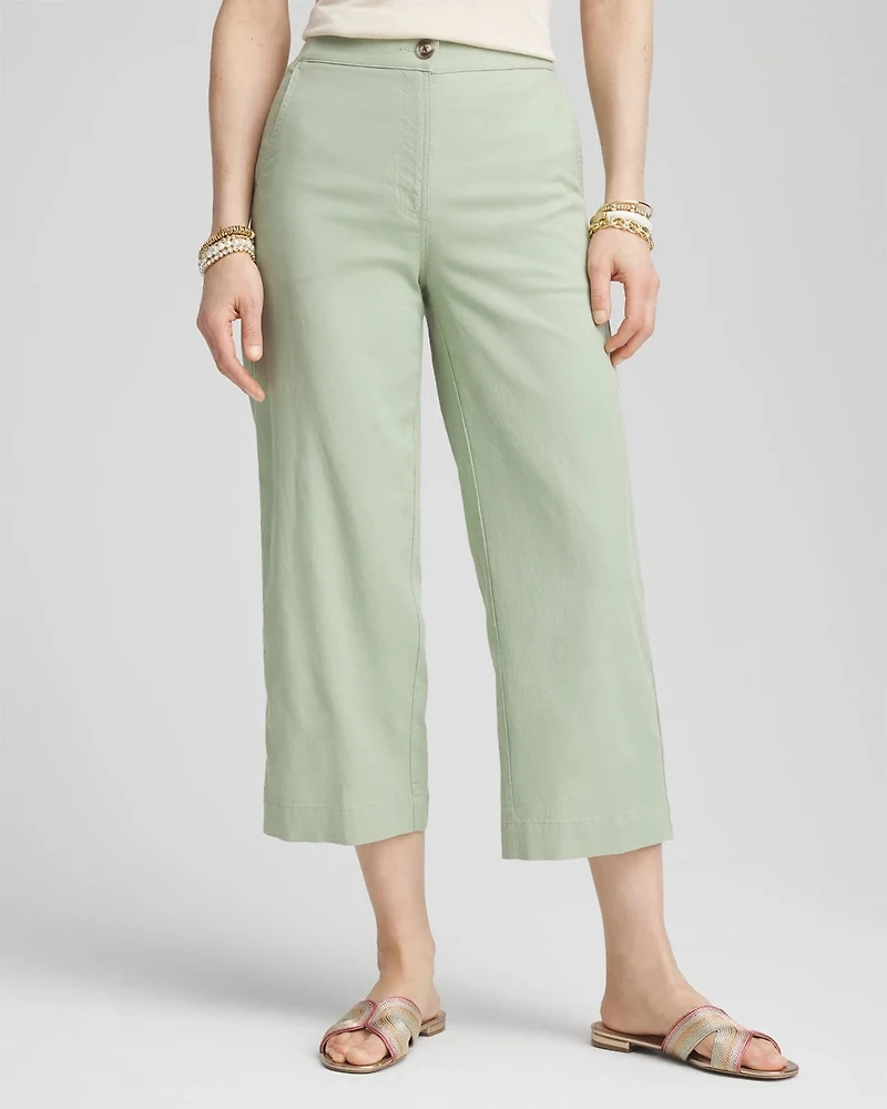 Ribbed Waist Linen Blend Straight-Leg Cropped Pants