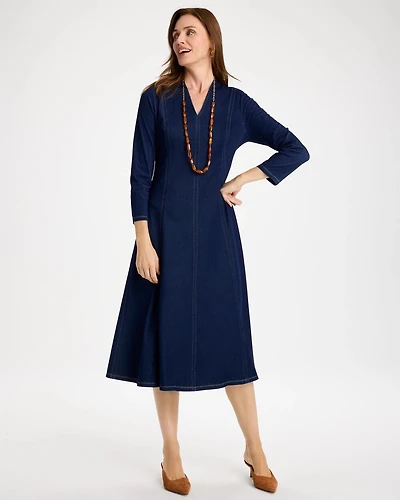 Knit Denim Seamed 3/4 Sleeve Dress