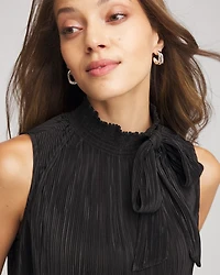 Pleated Smocked Tie-Neck Top
