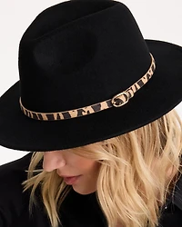 Animal-Print-Trim Wool Felt Fedora Hat