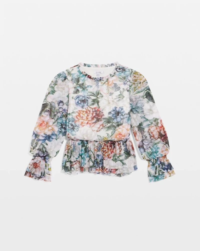Rose-Print Crinkle Mockneck Tee