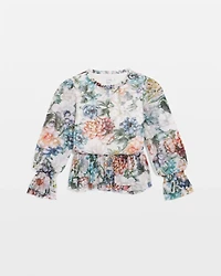 Rose-Print Crinkle Mockneck Tee