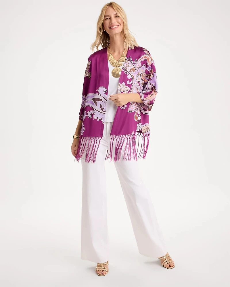 Fringed Burnout Satin Kimono
