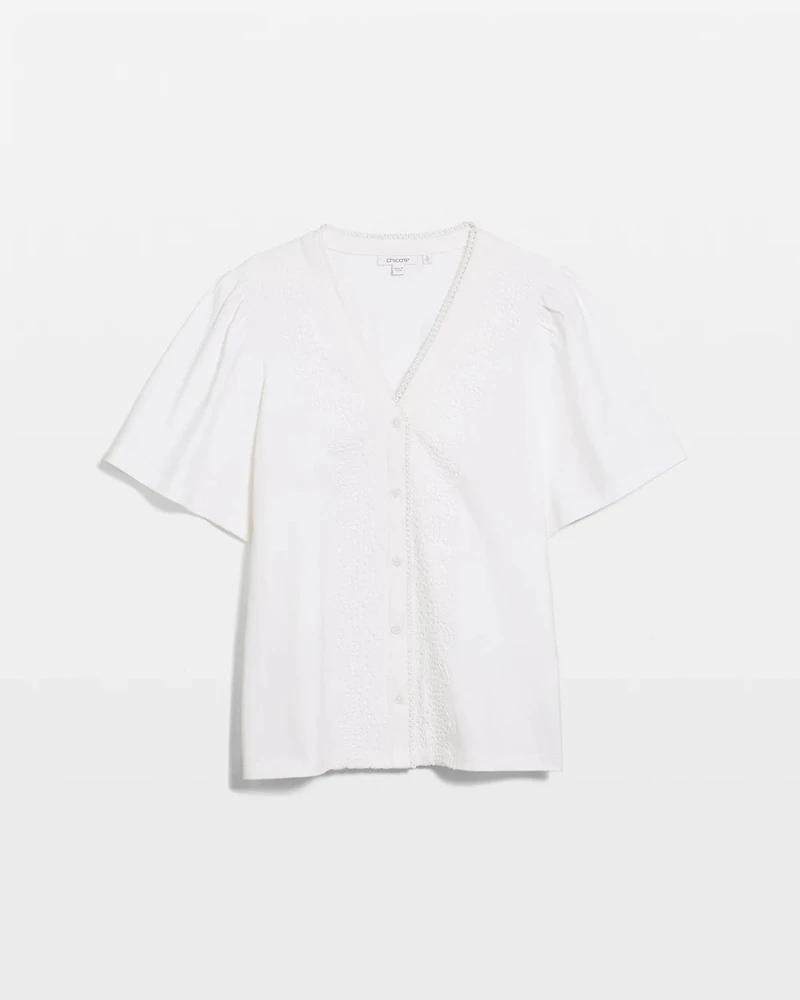 Embroidered Button-Front Tee