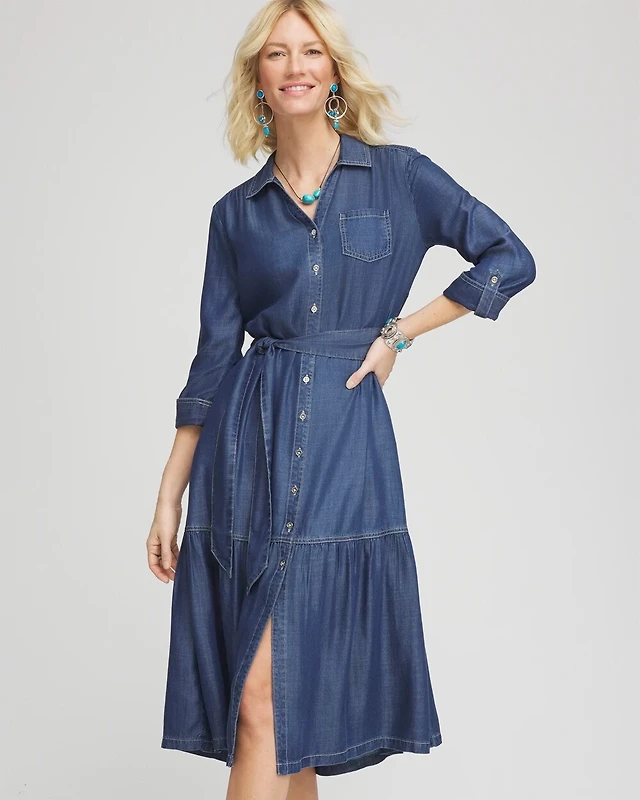 Chico's Tencel Tiered Belted Jean Shirtdress | Liberty Center