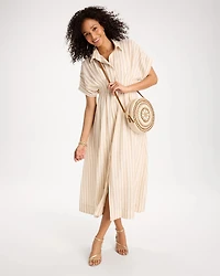 Linen-Blend Metallic Striped Dress