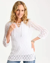 Cotton-Linen Lace Notch-Neck Sweater