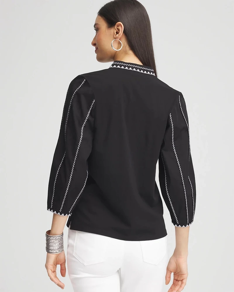 Embroidered Pintuck Lantern-Sleeve Top