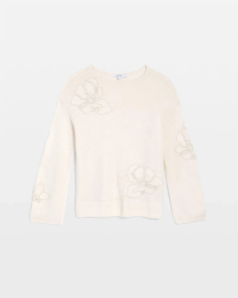 Tonal Embroidered Boatneck Pullover Sweater