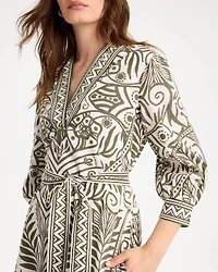 Printed Cotton-Linen Belted Dress