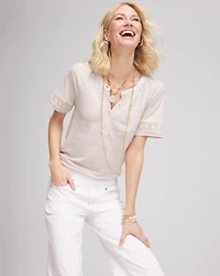 Linen Lace-Cutwork Sleeve Henley Tee