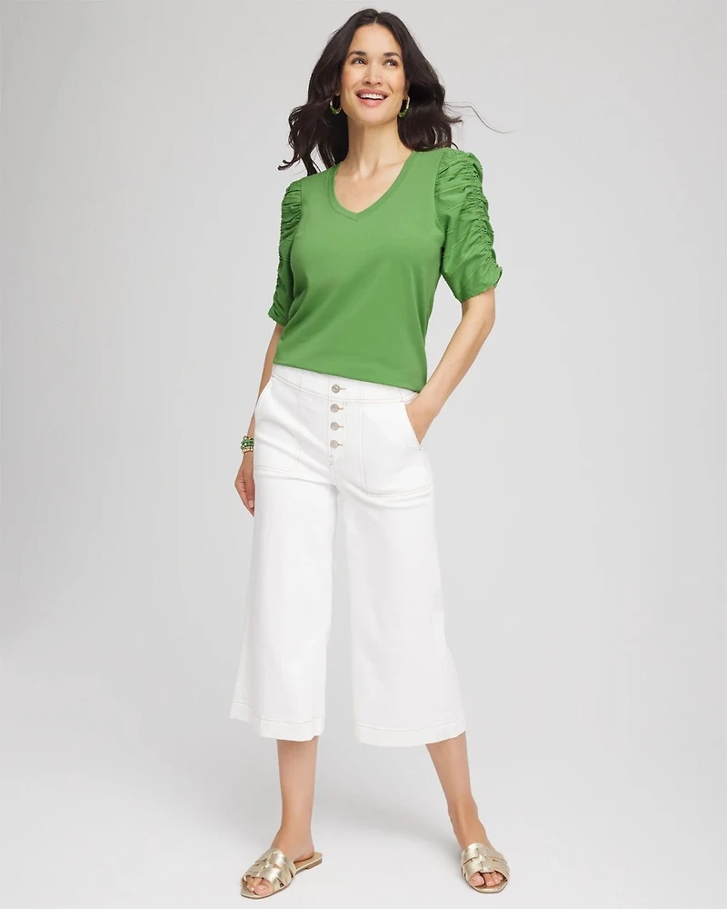 Cotton-Blend Ruched-Sleeve Top
